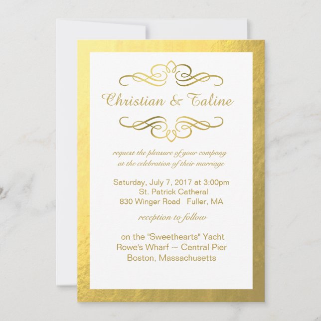 Invitation Glam Tourbillonnant or fleurir Mariage Outline Foi (Devant)