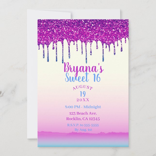Invitation Glam Trendy Rose Parties scintillant Bleu Drip Swe (Devant)