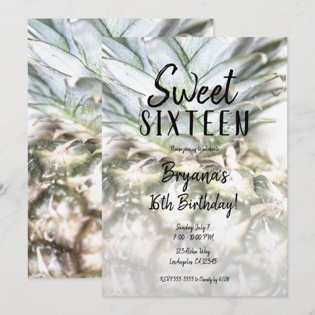 Invitation Glam Tropical Pineapple Sweet 16 Anniversaire (Devant / Derrière)