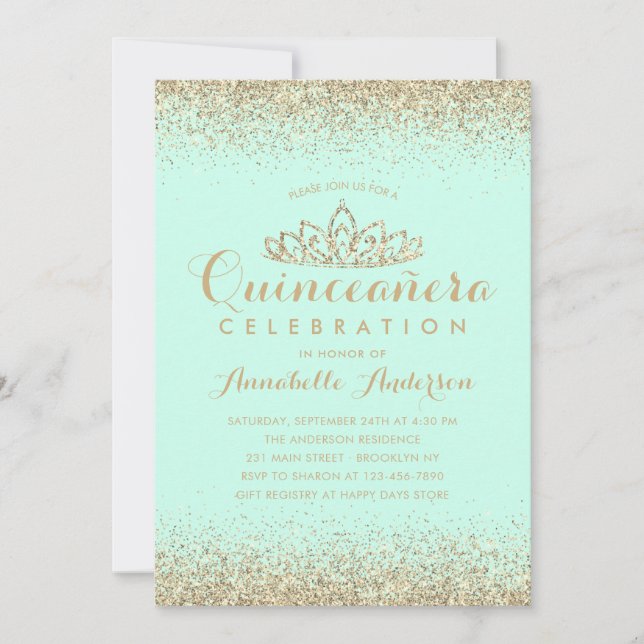 Invitation Glam Turquoise Aqua Quinceañera Gold Tiara Parties (Devant)