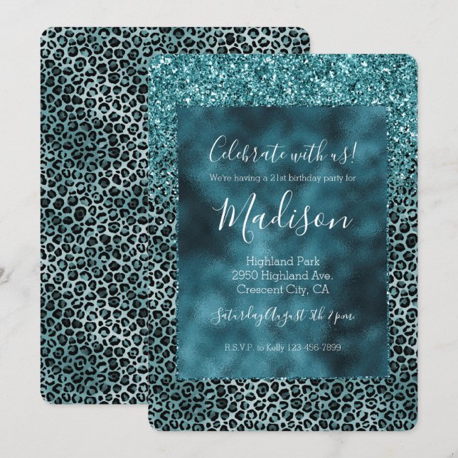Invitation Glam Turquoise Bleu Canard Léopard Paillettes Anni (Devant / Derrière)