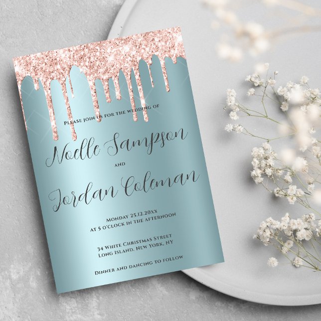 Invitation Glam turquoise rose or parties scintillant gouttes (Glam teal rose gold glitter drips script wedding)