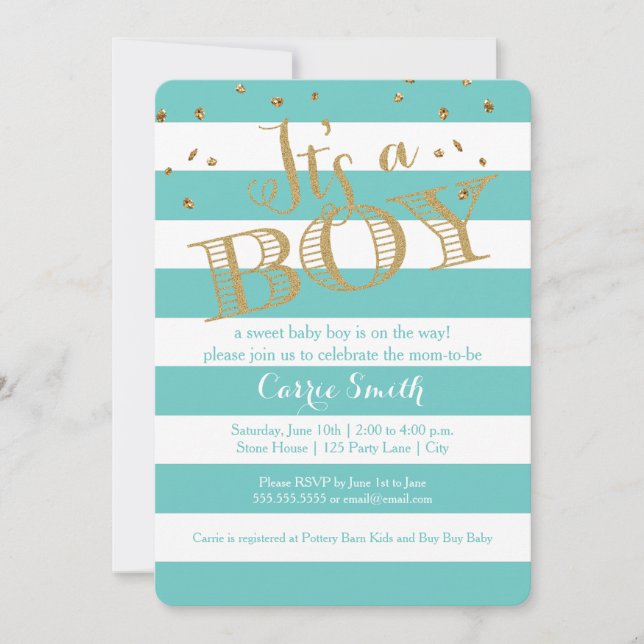 Invitation Glam Turquoise Rugby Stripe Boy Baby shower Invita (Devant)