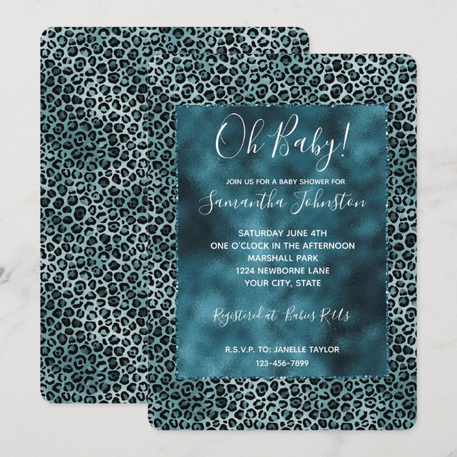 Invitation Glam Turquoise Turquoise Blue Empreinte de léopard (Devant / Derrière)
