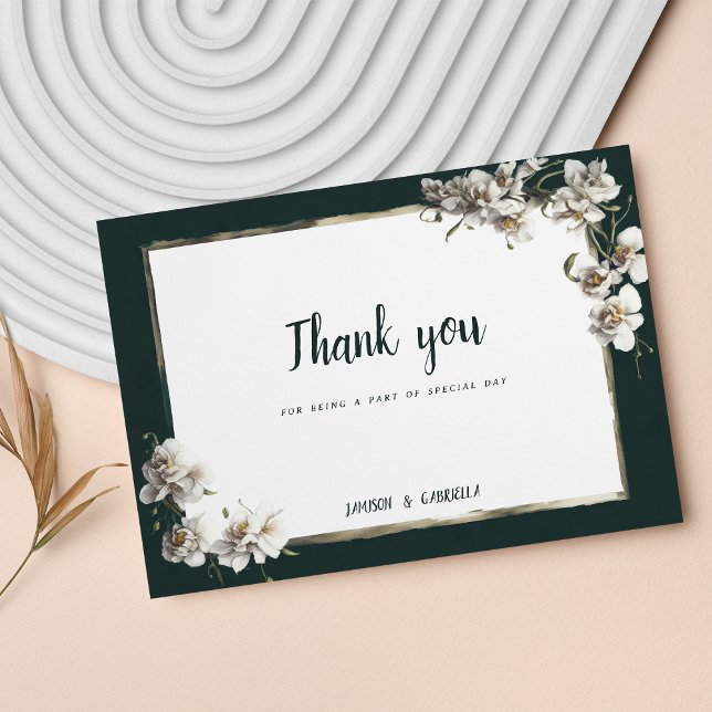 Invitation Glam vert foncé or blanc orchidée fleur Merci (Glam dark green gold white orchid flower Thank You )