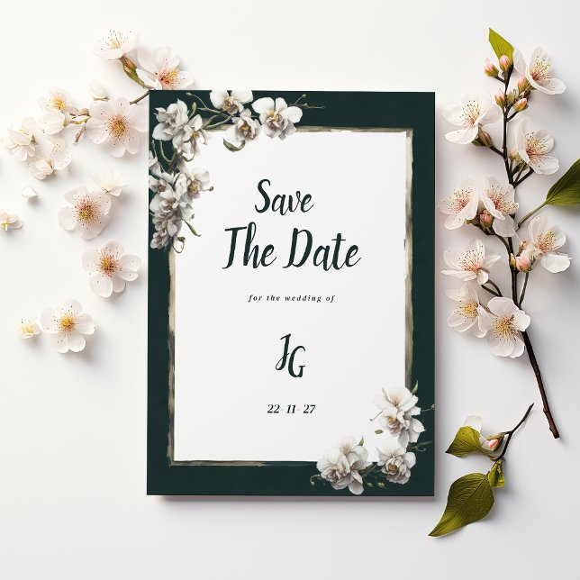Invitation Glam vert foncé or blanc orchidée Save The Date (Glam dark green gold white orchid Save The Date)