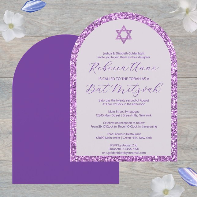 Invitation Glam violet Arc traditionnel Élégant Bat mitzvah (These decorative arch Bat Mitzvah invitations in purple are easy to personalize)