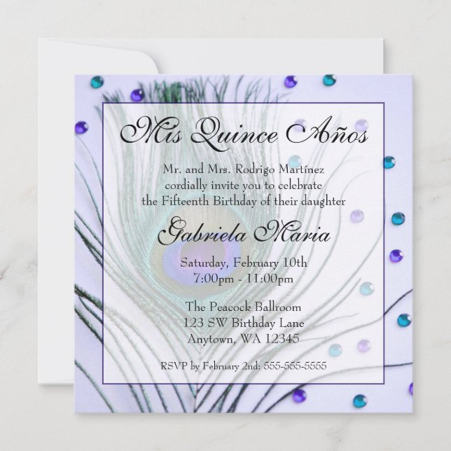 Invitation Glam violet Peacock Plume Quinceanera Anniversaire (Devant)