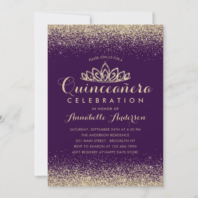 Invitation Glam Violet Violet Quinceañera Gold Tiara Parties  (Devant)