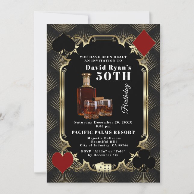 Invitation Glam Whiskey And Cigar Casino 50th Birthday Party  (Devant)