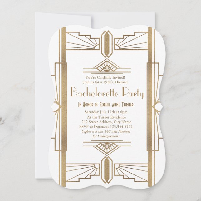 Invitation Glam White 1920 Great Gatsby Bachelorette Party (Devant)