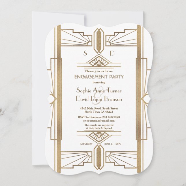 Invitation Glam White 1920 Great Gatsby Engagement Party (Devant)