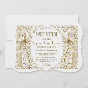 Invitation Glam White Gold Art Déco Peacocks Sweet sixteen