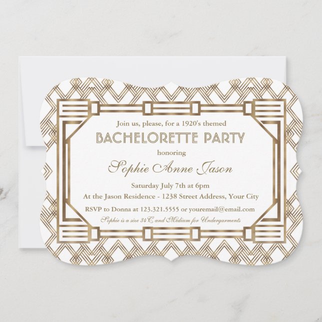 Invitation Glam White Gold Great Gatsby Bachelorette Party (Devant)