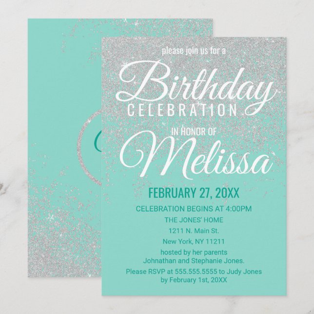 Invitation Glam White Parties scintillant Étincelle Turquoise (Devant / Derrière)