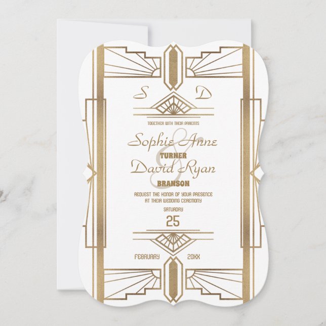 Invitation Glam White Roaring 20's Great Gatsby Mariage (Devant)