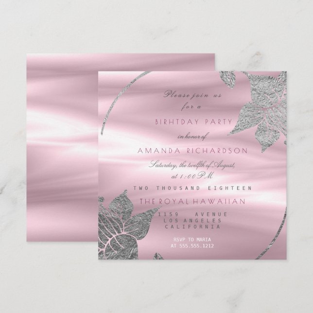 Invitation Glamme florale de soie Lily Argent violet fête d'a (Devant / Derrière)