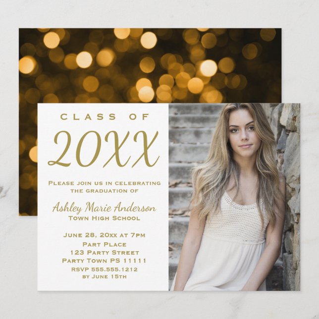 Invitation Glamor Gold Graduation Party avec photo (Devant / Derrière)