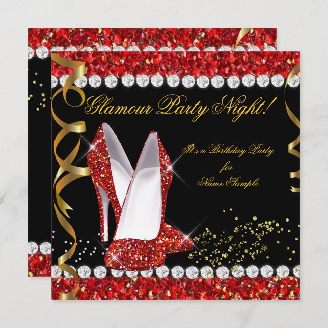 Invitation Glamor Party Nuit Rouge Parties scintillant Or Noi (Devant / Derrière)