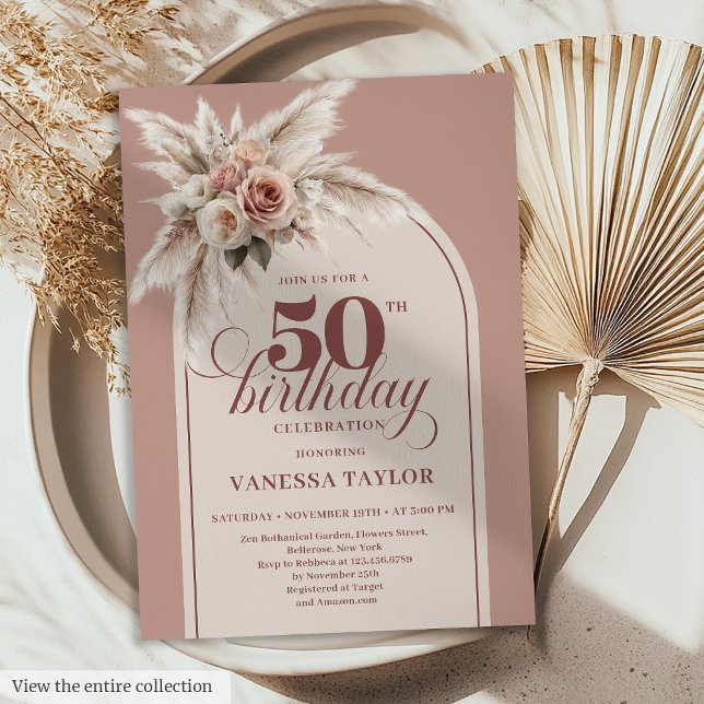Invitation Glamorous Arch Pastel Pink Pampas Floral Fifity (Elegant Boho Dusty Pink Pampas Floral 50th Birthday)