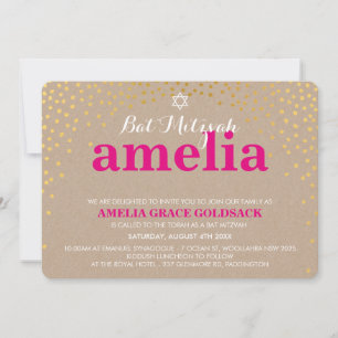 Invitation GLAMOROUS BAT MITZVAH rustique confetti d'or kraft