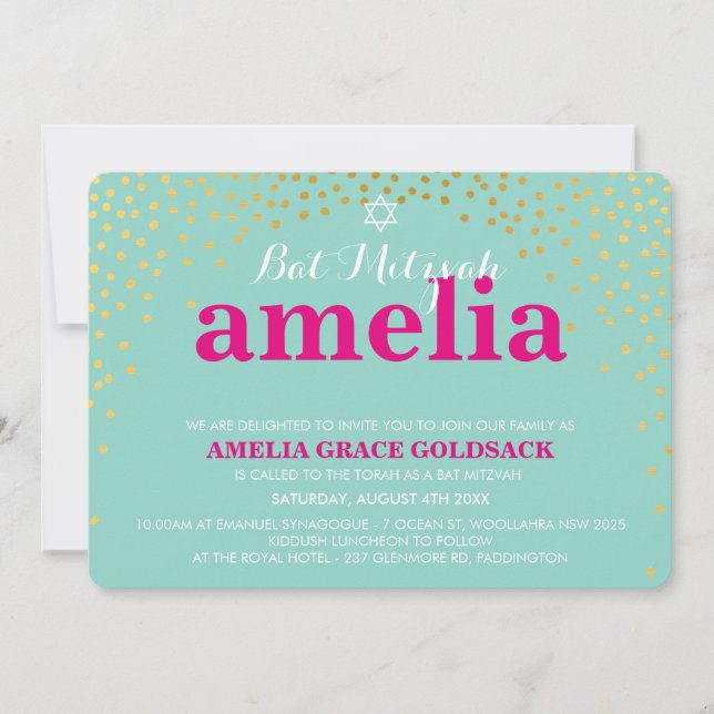 Invitation GLAMOROUS BAT MITZVAH rustique confetti menthe d'o (Devant)