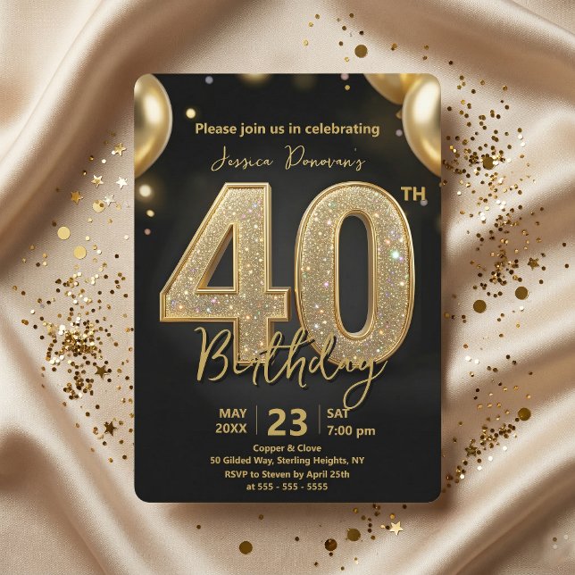 Invitation Glamorous Black Gold Glitter 40th Birthday Party (Créateur téléchargé)