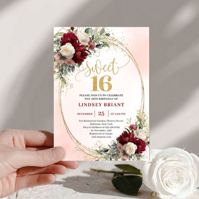 Invitation Glamorous Boho Burgundy Gold Floral Sweet Sixteen (Glamorous Boho Burgundy Gold Floral Sweet Sixteen)