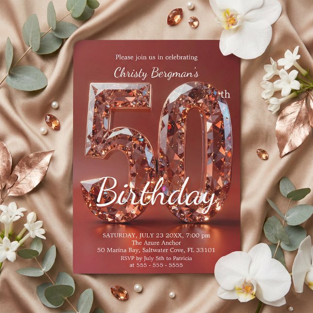 Invitation Glamorous Burgundy Red Diamond 50th Birthday (Créateur téléchargé)