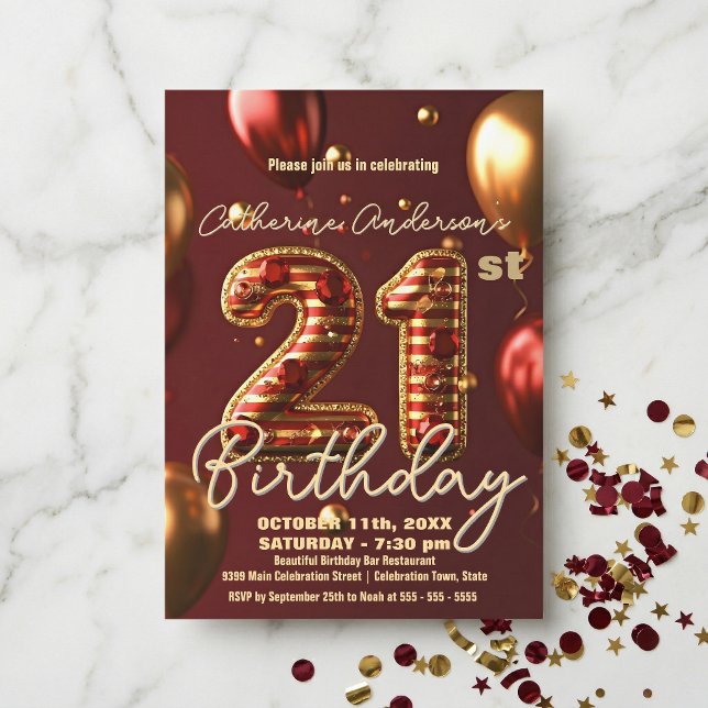 Invitation Glamorous Burgundy Red Gold Balloon 21st Birthday (Créateur téléchargé)