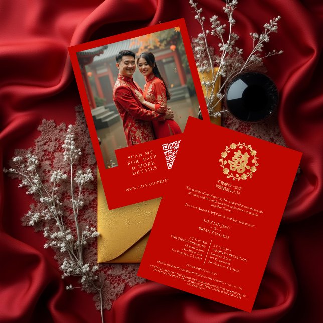 Invitation Glamorous Glitter Floral Double Happiness Photo (Glamorous Charming Glitter Effect Floral Chinese Double Happiness Symbol Wedding Invitation Cards.)