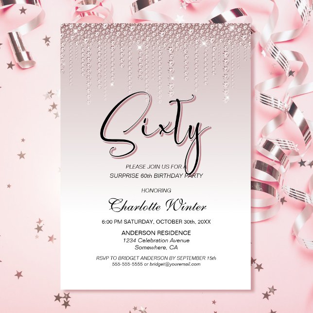 Invitation Glamorous Pink Diamonds Surprise 60th Birthday (Créateur téléchargé)