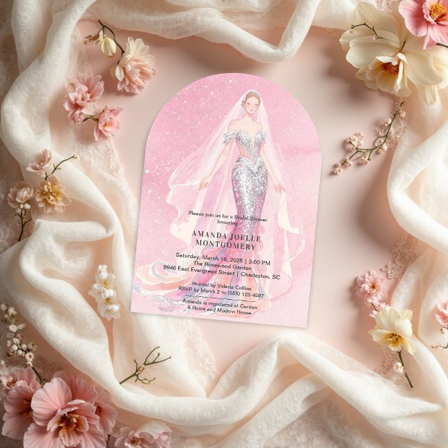 Invitation Glamorous Pink Glitter Mermaid Style Bride Dressed (Glamorous Pink Glitter Mermaid Style Bride Dressed Bridal Shower Wedding Invitations Design. )