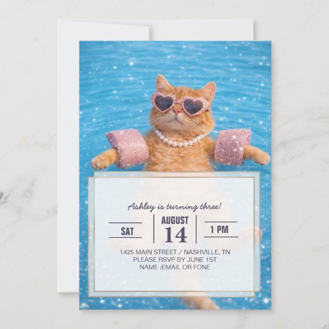Invitation    Glamorous Poolside Cat Floating In Style        (Devant)