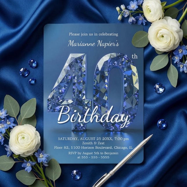 Invitation Glamorous Sapphire Blue Diamond 40th Birthday (Créateur téléchargé)