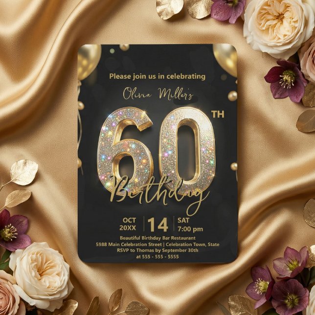 Invitation Glamorous Sparkly Black and Gold 60th Birthday (Créateur téléchargé)