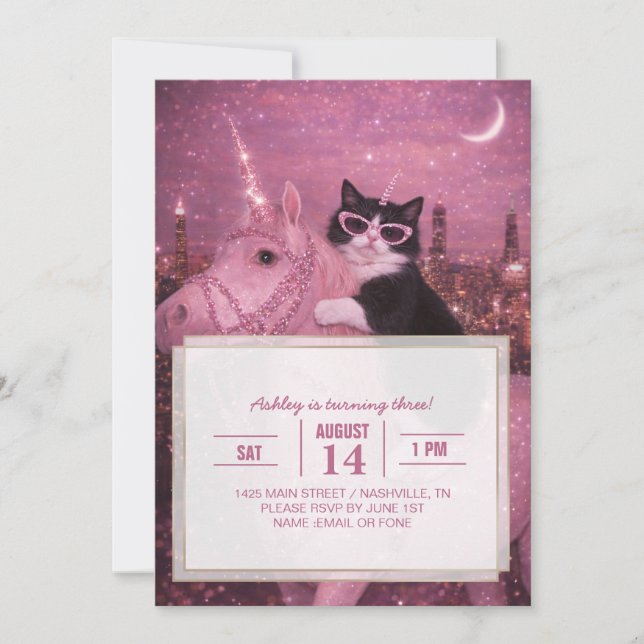 Invitation Glamorous Unicorn Cat Under Sparkling City         (Devant)