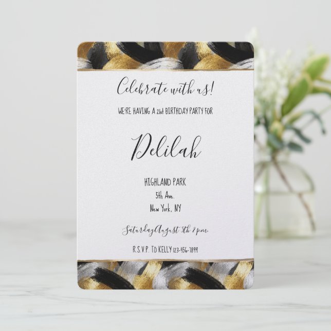 Invitation Glamour Abstrait Argent Noir Or Anniversaire (Debout devant)