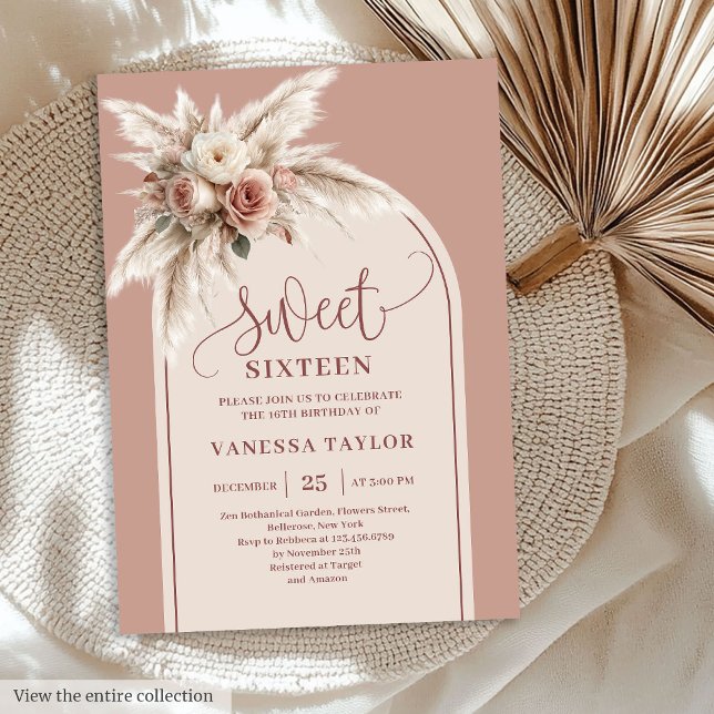 Invitation Glamour Arc Pastel Rose Pampas Floral Boho 16e (Glamorous Arch Pastel Pink Pampas Floral Boho Sixteen

)