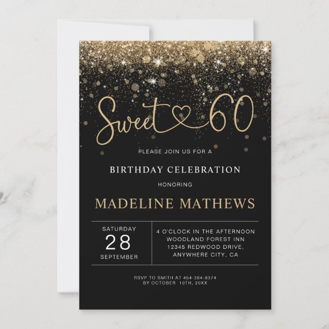 Invitation Glamour Black and Gold Heart Sweet 60 Anniversaire (Devant)