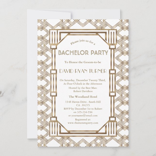 Invitation Glamour Blanc Or Gatsby Le Grand 20s Enterrement d (Devant)
