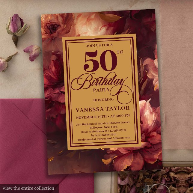 Invitation Glamour bordeaux roux roses 50e anniversaire (Glamorous burgundy blush gold roses 50th birthday card

)