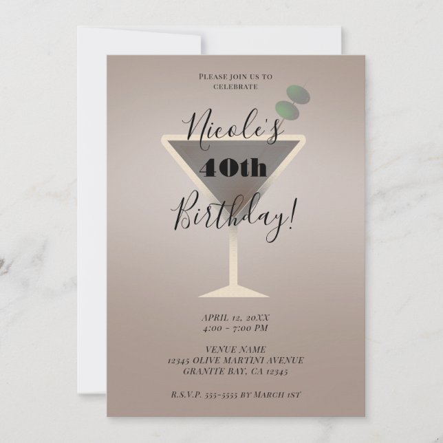 Invitation Glamour Cocktail Anniversaire Martini Olive Élégan (Devant)