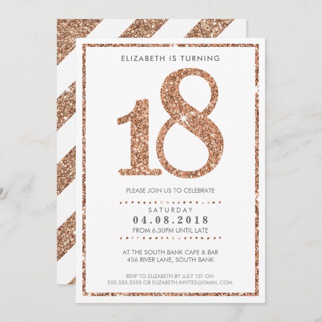 Invitation  glamour d'anniversaire avec âge en GRAND 18 ans e (Devant / Derrière)