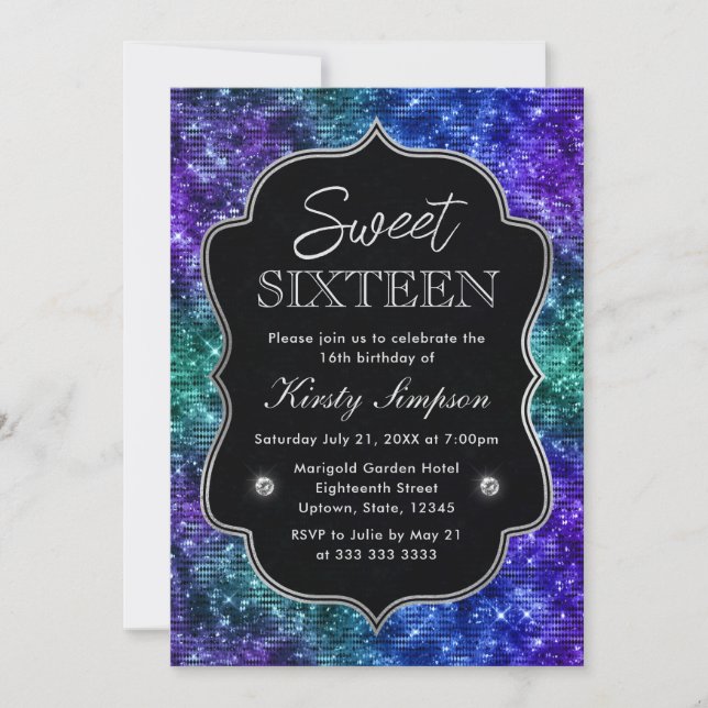 Invitation Glamour de l'océan sarcelle et violet Paillettes S (Devant)