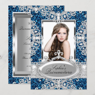 Invitation Glamour de Quinceanera Diamant Paillettes Bleu Roy