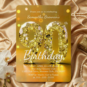 Invitation Glamour Diamant Jaune Élégant Bijou Fête 90 ans
