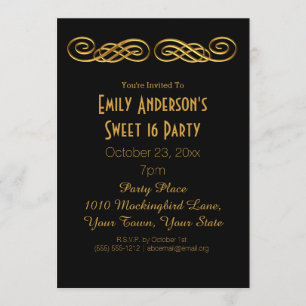 Invitation Glamour d'or noir thème Sweet 16 Anniversaire