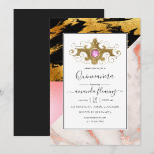 Invitation Glamour doré pailleté Marbre Monogramme Quinceañer
