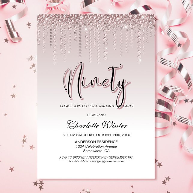 Invitation Glamour Dusty Rose Diamants roses 90e anniversaire (Créateur téléchargé)